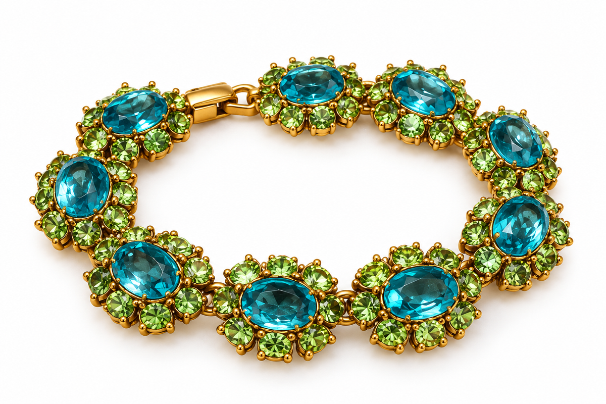 Vintage Joan Rivers Signed Blue & Green Crystal Statement Bracelet | Circa 1990s–2000s