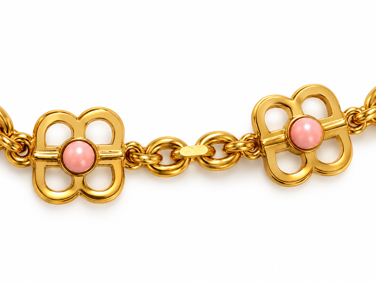 Vintage Balenciaga Gold-Tone Pearl & Pink Cabochon Floral Long Necklace | Circa 1980s–1990s