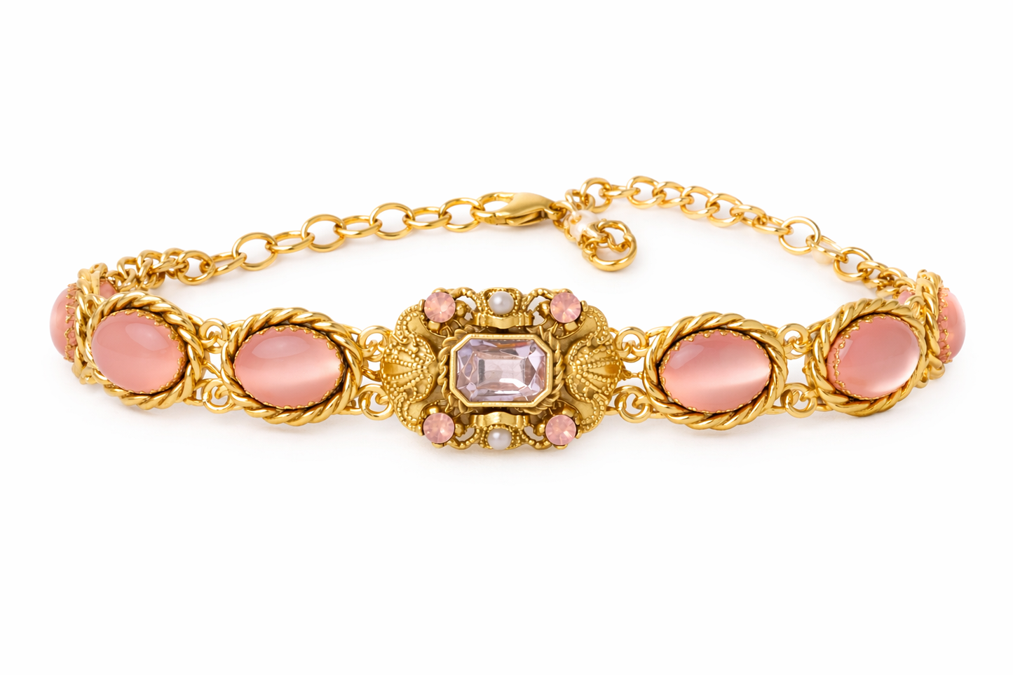 Vintage West Germany Pink Cabochon Statement Bracelet | Gold Tone Ornate Link | Mid-Century Glam