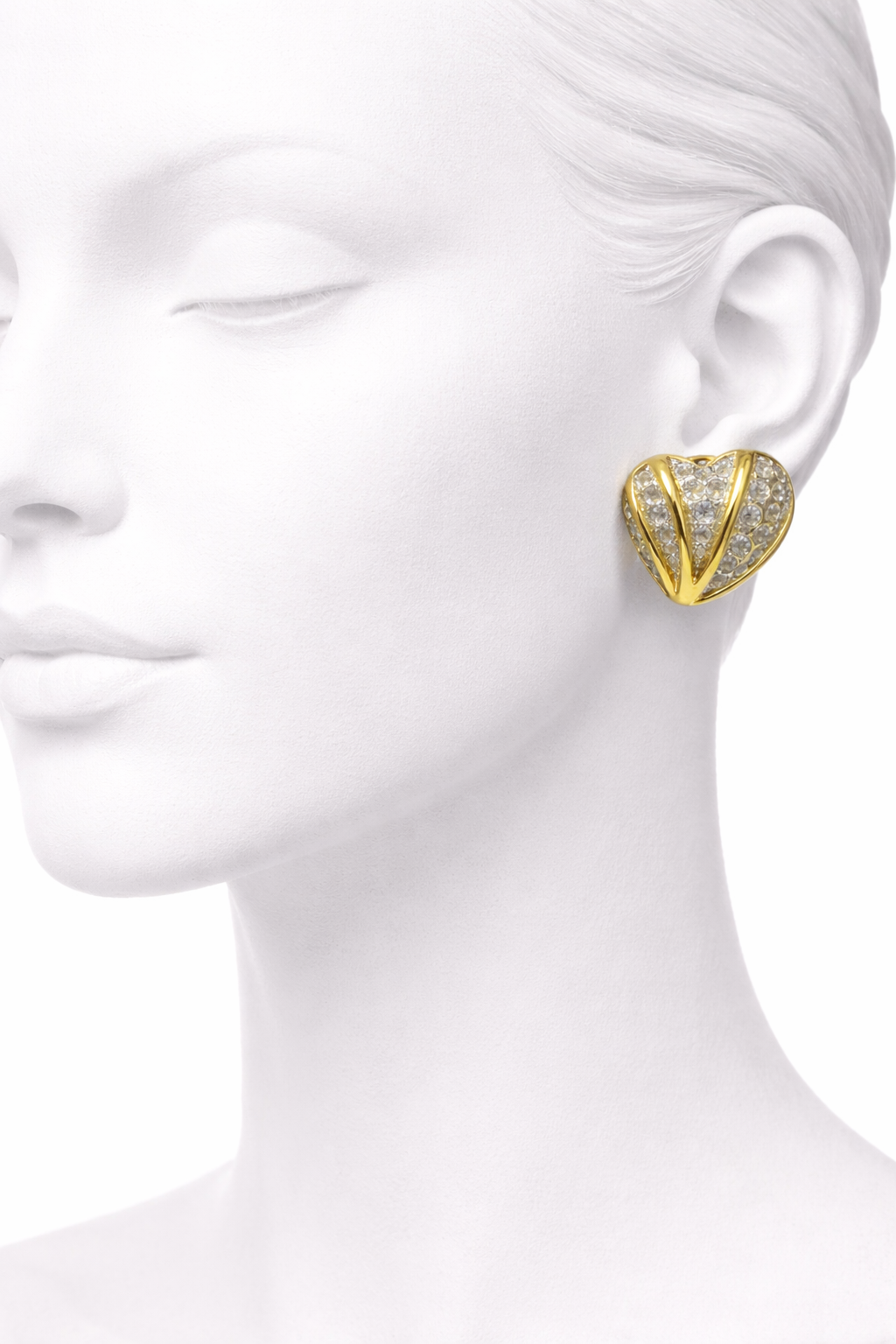 Pendientes vintage Nolan Miller de corazón con diamantes de imitación | Aretes llamativos chapados en oro con cristales