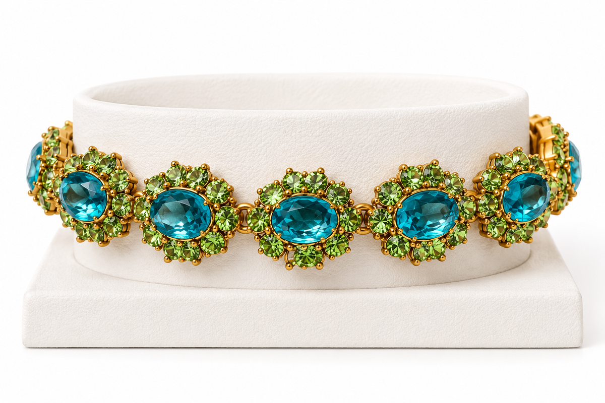 Vintage Joan Rivers Signed Blue & Green Crystal Statement Bracelet | Circa 1990s–2000s