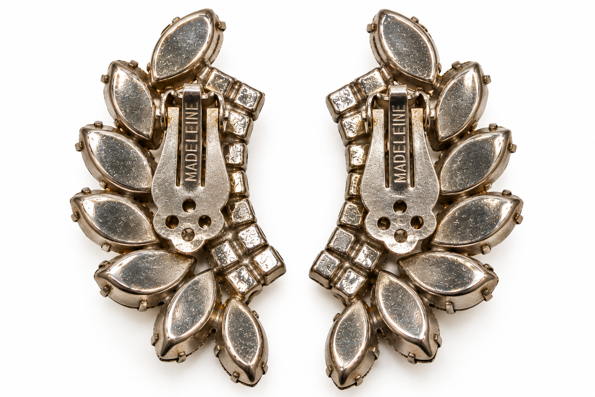 Vintage MADELEINE Givré Rhinestone Bracelet & Clip-On Earrings Set – Purple & Blue | Circa 1957