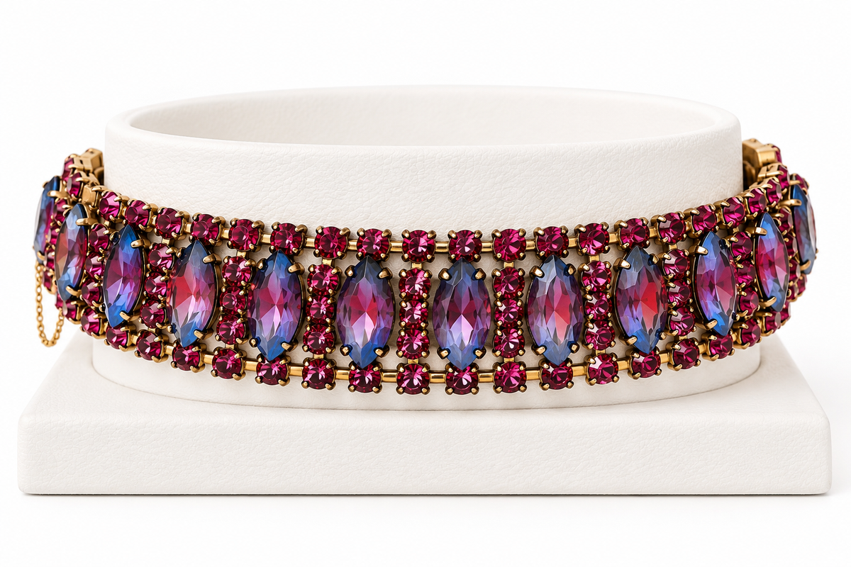 Vintage MADELEINE Givré Rhinestone Bracelet & Clip-On Earrings Set – Purple & Blue | Circa 1957