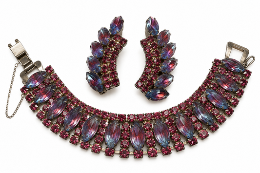 Vintage MADELEINE Givré Rhinestone Bracelet & Clip-On Earrings Set – Purple & Blue | Circa 1957