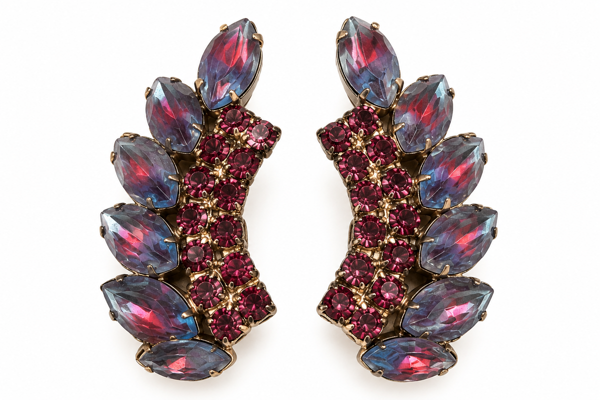 Vintage MADELEINE Givré Rhinestone Bracelet & Clip-On Earrings Set – Purple & Blue | Circa 1957