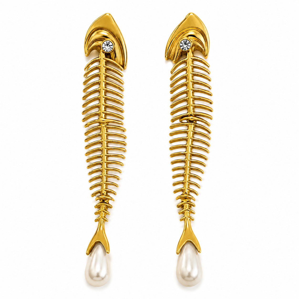 Gold Tone Fishbone Drop Earrings with Faux Pearl Accent