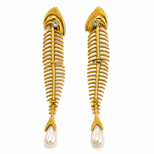 Gold Tone Fishbone Drop Earrings with Faux Pearl Accent