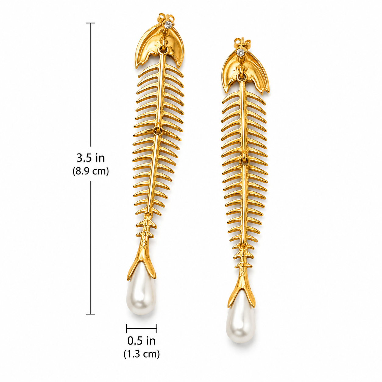 Gold Tone Fishbone Drop Earrings with Faux Pearl Accent
