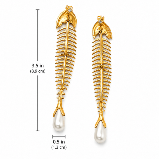 Gold Tone Fishbone Drop Earrings with Faux Pearl Accent Era: Circa 1988–1994