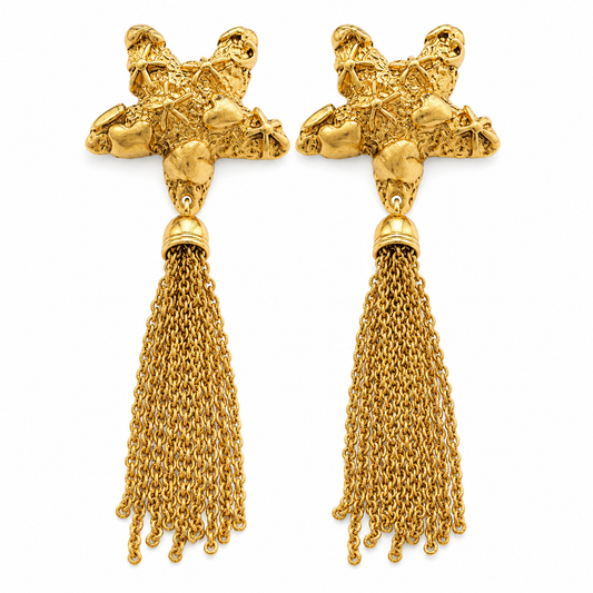 Signed Gold Tone Starfish Tassel Statement Earrings
