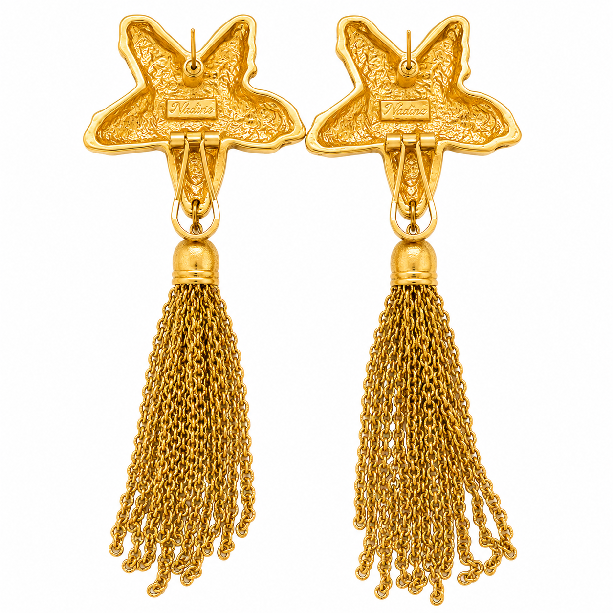 Signed Gold Tone Starfish Tassel Statement Earrings
