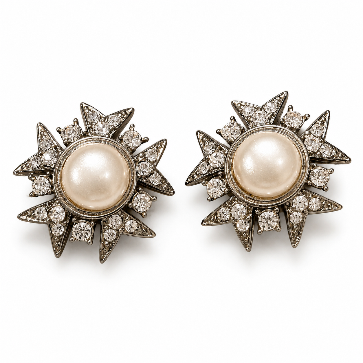 Vintage Starburst Pearl & Rhinestone Clip-On Earrings | Circa 1980s–1990s