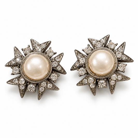 Vintage Starburst Pearl & Rhinestone Clip-On Earrings | Circa 1980s–1990s