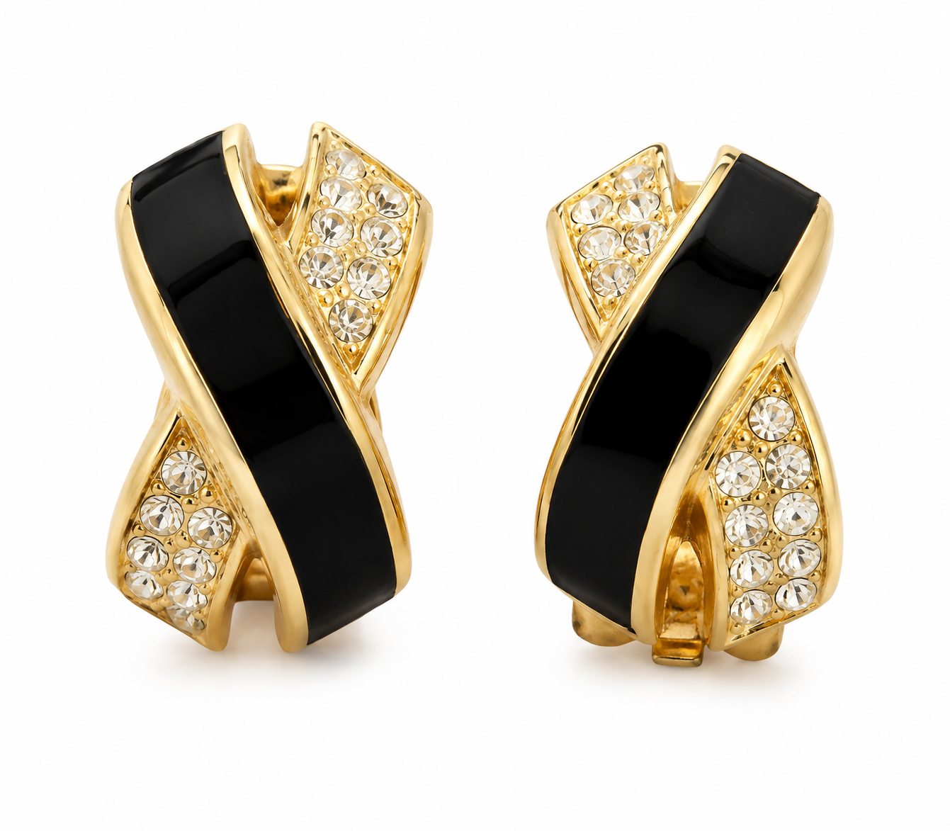Vintage Christian Dior Black Enamel & Rhinestone Gold Tone Clip-On Earrings | Circa 1975–1983