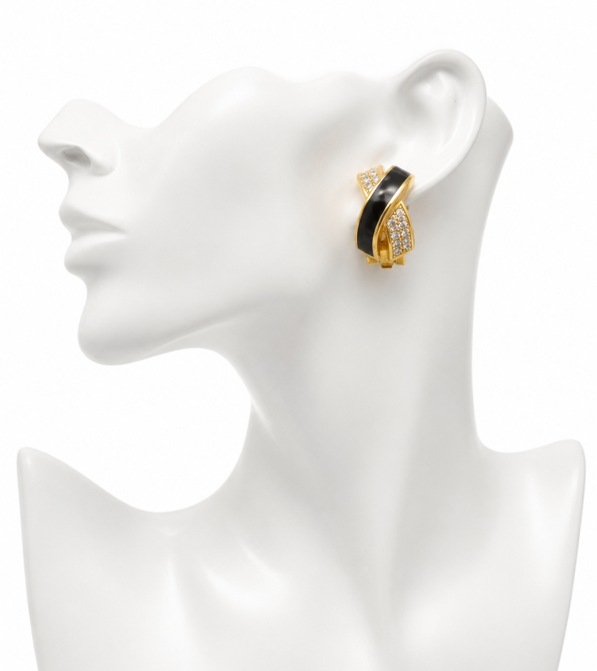 Vintage Christian Dior Black Enamel & Rhinestone Gold Tone Clip-On Earrings | Circa 1975–1983