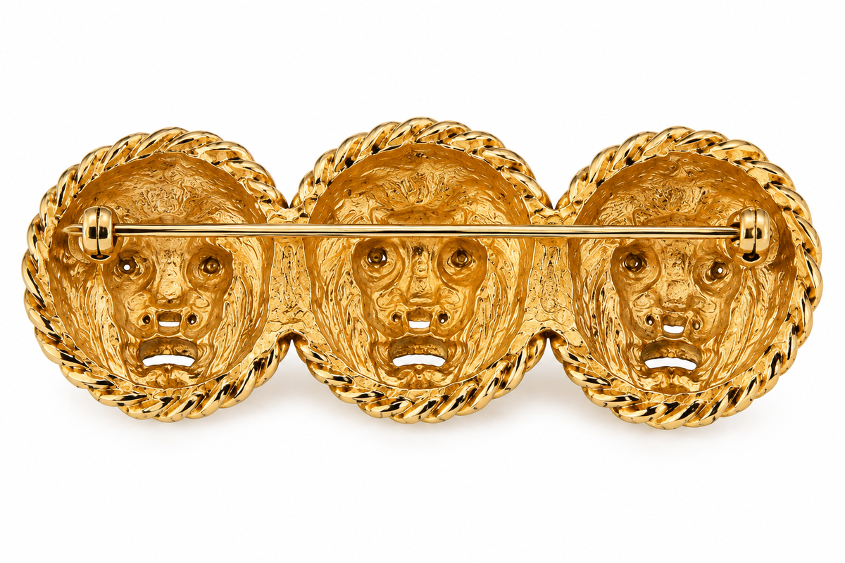 Vintage Triple Lion Head Gold-Tone Statement Brooch | Circa: 1980s–1990s