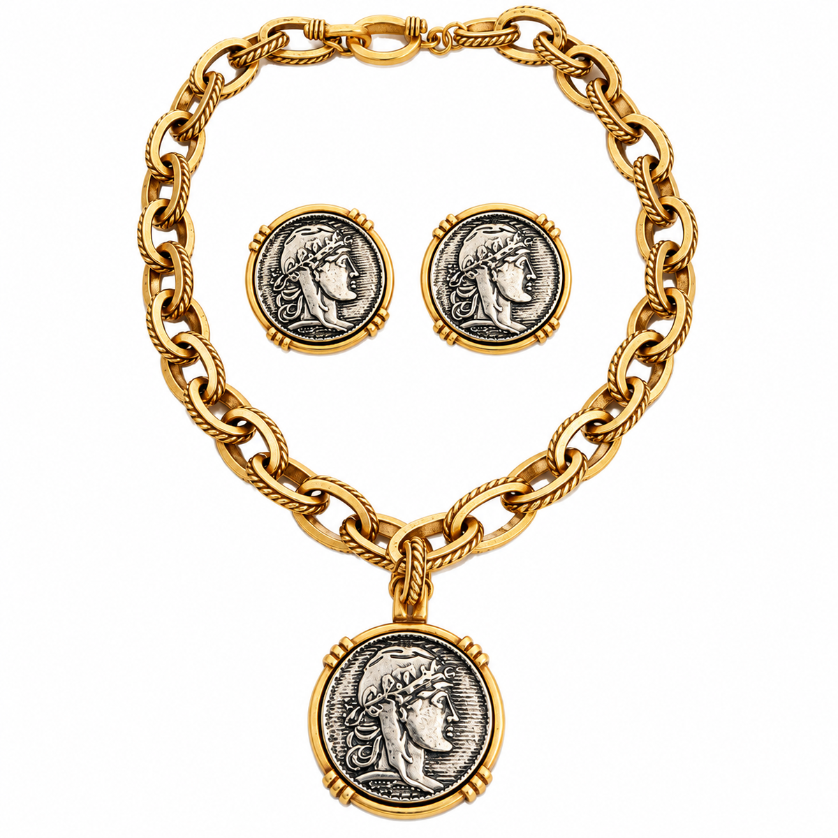 Vintage Inspired Roman Coin Two-Tone Pendant Necklace & Earring Set