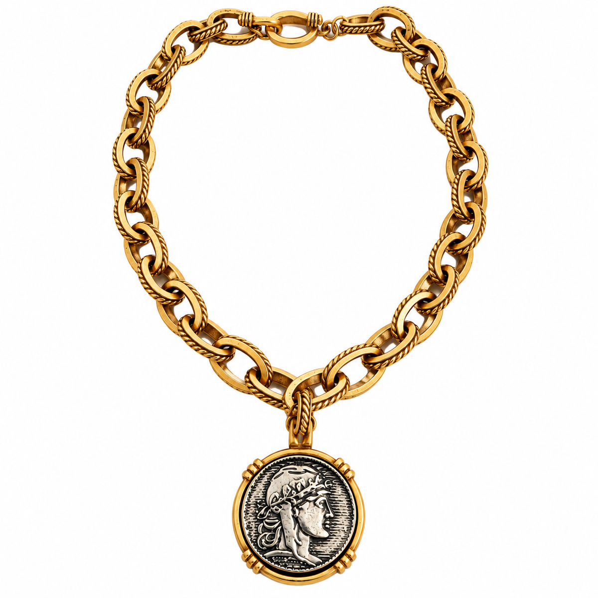 Vintage Inspired Roman Coin Two-Tone Pendant Necklace & Earring Set