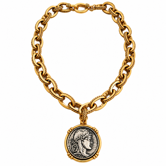 Vintage Inspired Roman Coin Two-Tone Pendant Necklace & Earring Set
