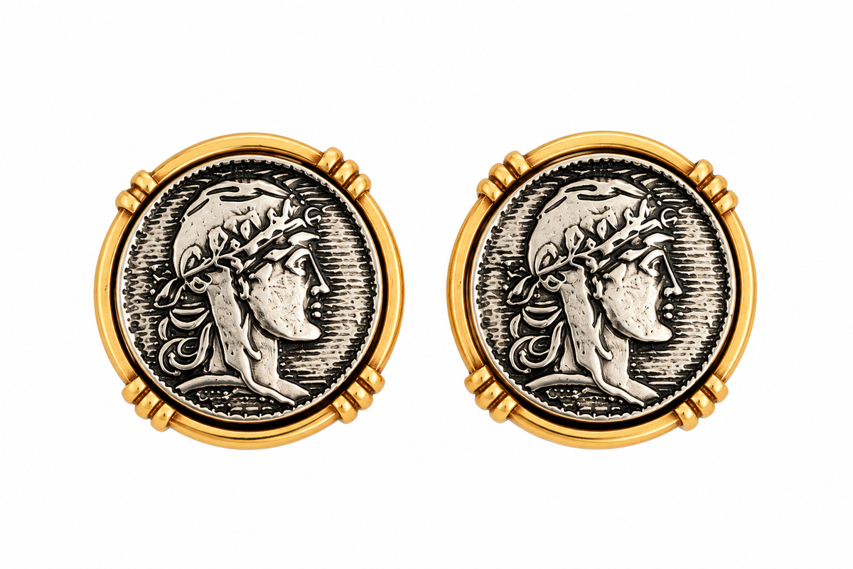 Vintage Inspired Roman Coin Two-Tone Pendant Necklace & Earring Set