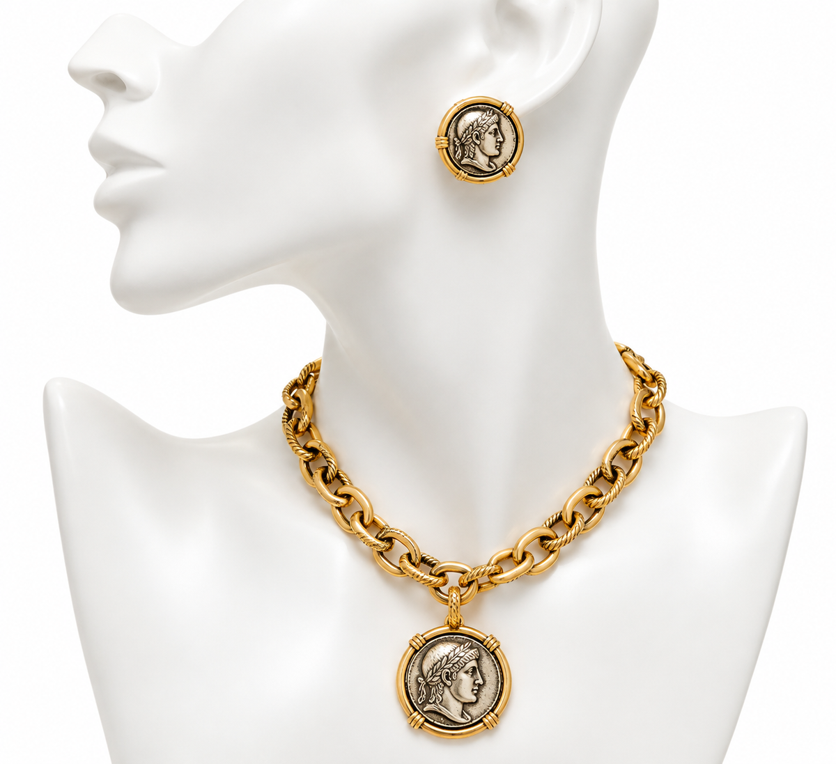 Vintage Inspired Roman Coin Two-Tone Pendant Necklace & Earring Set