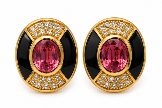 Vintage Christian Dior Signed Pink Crystal Black Enamel Clip-On Earrings | Circa 1980s