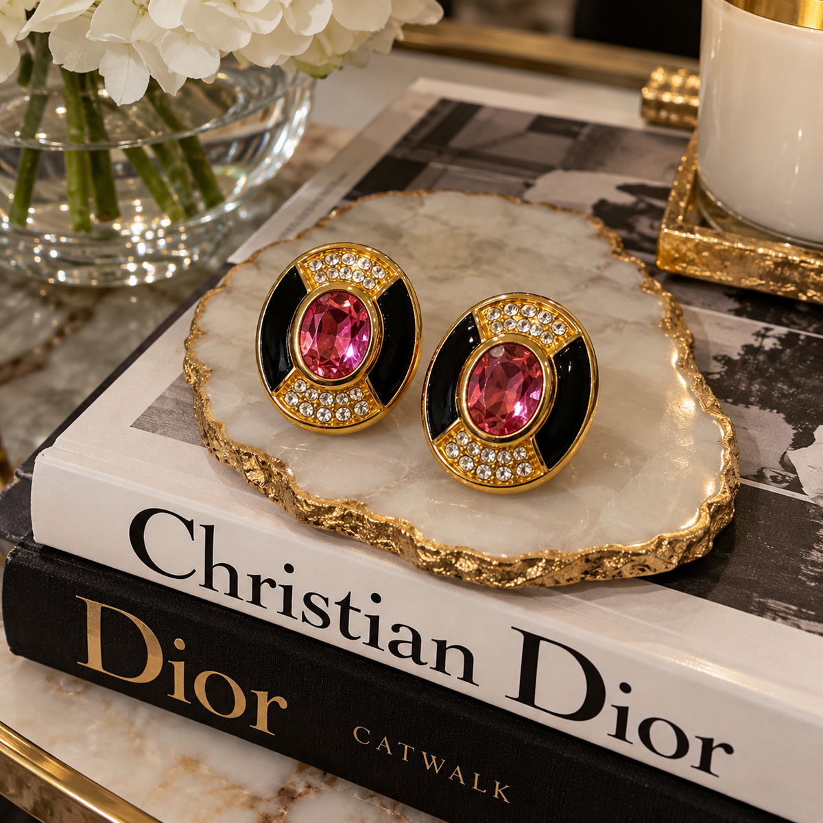 Vintage Christian Dior Signed Pink Crystal Black Enamel Clip-On Earrings | Circa 1980s