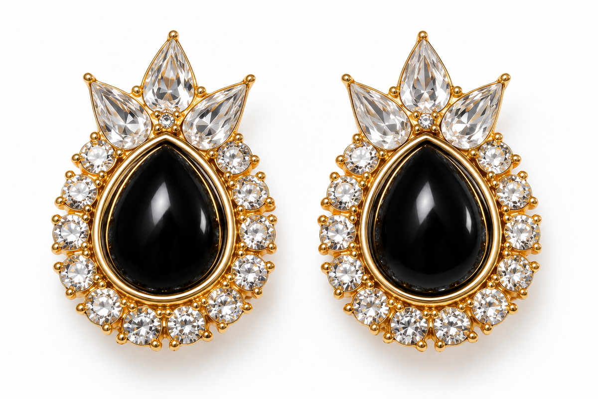 Vintage Balenciaga Paris Card Black Cabochon & Crystal Statement Clip-On Earrings with | Circa 1980s–1990s