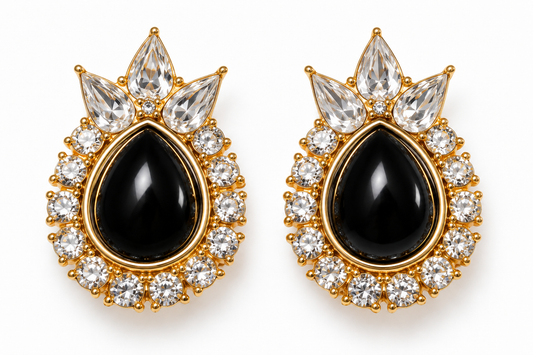 Vintage Balenciaga Paris Card Black Cabochon & Crystal Statement Clip-On Earrings with | Circa 1980s–1990s