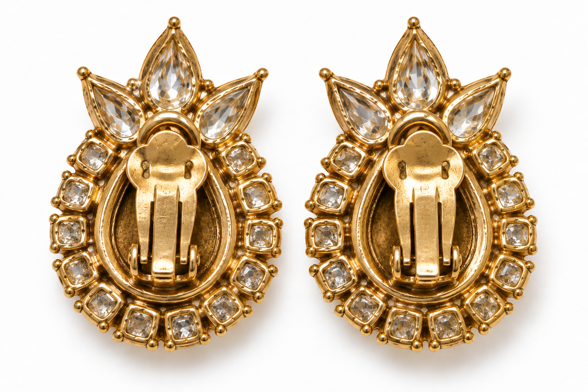 Vintage Balenciaga Paris Card Black Cabochon & Crystal Statement Clip-On Earrings with | Circa 1980s–1990s