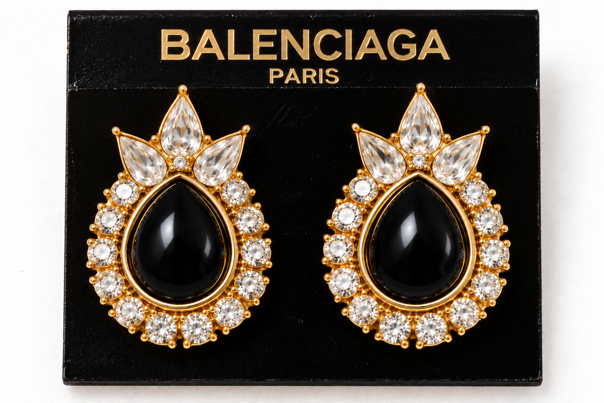 Vintage Balenciaga Paris Card Black Cabochon & Crystal Statement Clip-On Earrings with | Circa 1980s–1990s