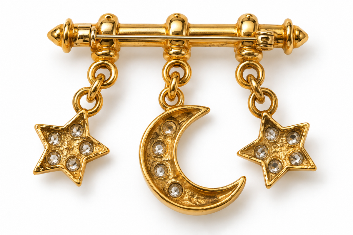 Vintage Balenciaga Paris Card Crystal Moon & Star Dangle Bar Brooch with | Circa 1980s–1990s