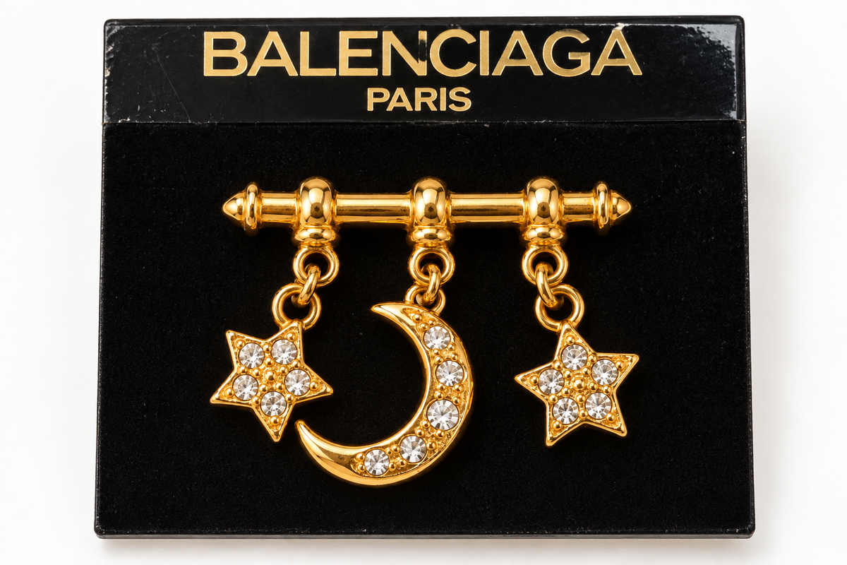 Vintage Balenciaga Paris Card Crystal Moon & Star Dangle Bar Brooch with | Circa 1980s–1990s