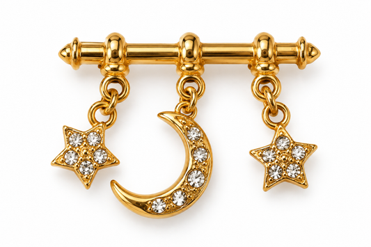 Vintage Balenciaga Paris Card Crystal Moon & Star Dangle Bar Brooch with | Circa 1980s–1990s