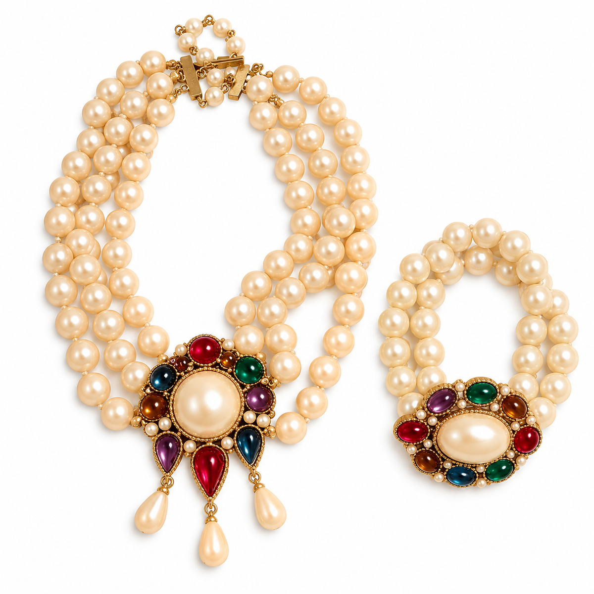 Vintage Richelieu Victoria Multicolor Cabochon Faux Pearl Chocker & Bracelet Set | Circa 1980s