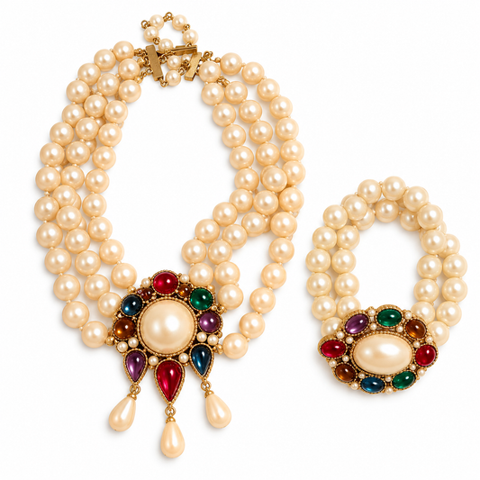 Vintage Richelieu Victoria Multicolor Cabochon Faux Pearl Chocker & Bracelet Set | Circa 1980s