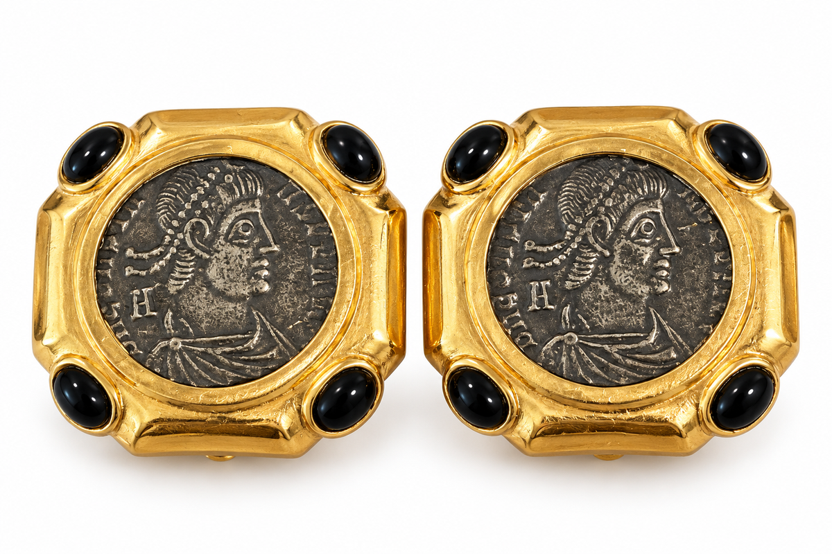 Vintage Ciner Roman Coin Black Cabochon Gold-Plated Clip-On Earrings | Circa 1980