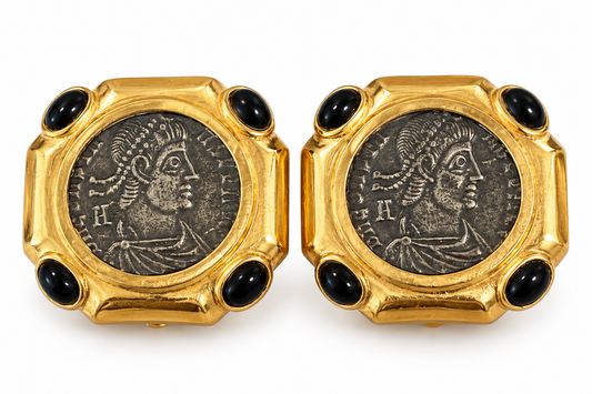 Vintage Ciner Roman Coin Black Cabochon Gold-Plated Clip-On Earrings | Circa 1980
