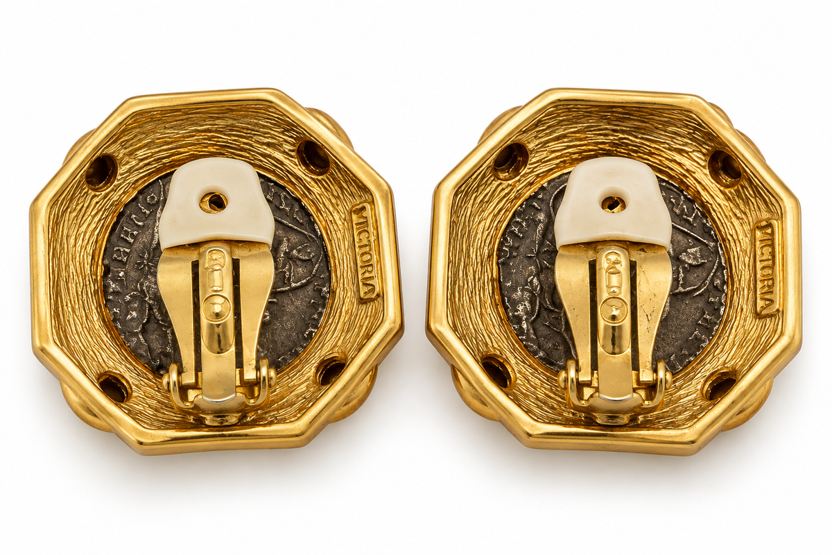 Vintage Ciner Roman Coin Black Cabochon Gold-Plated Clip-On Earrings | Circa 1980