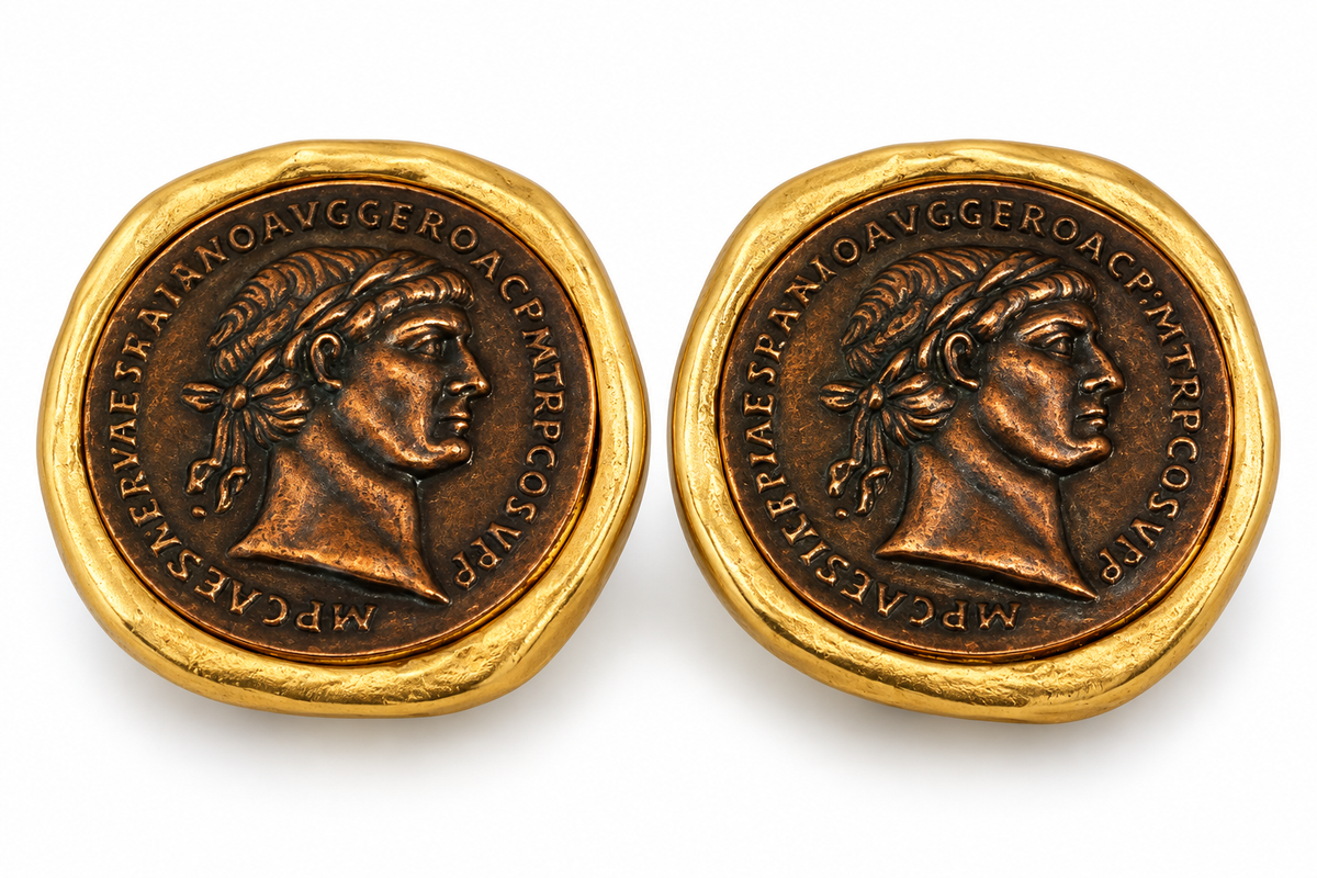 Vintage Roman Trajan Coin Medallion Gold-Tone Clip-On Statement Earrings | Circa 1980s