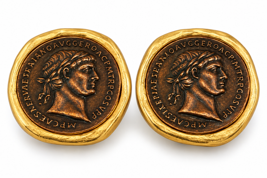 Vintage Roman Trajan Coin Medallion Gold-Tone Clip-On Statement Earrings | Circa 1980s