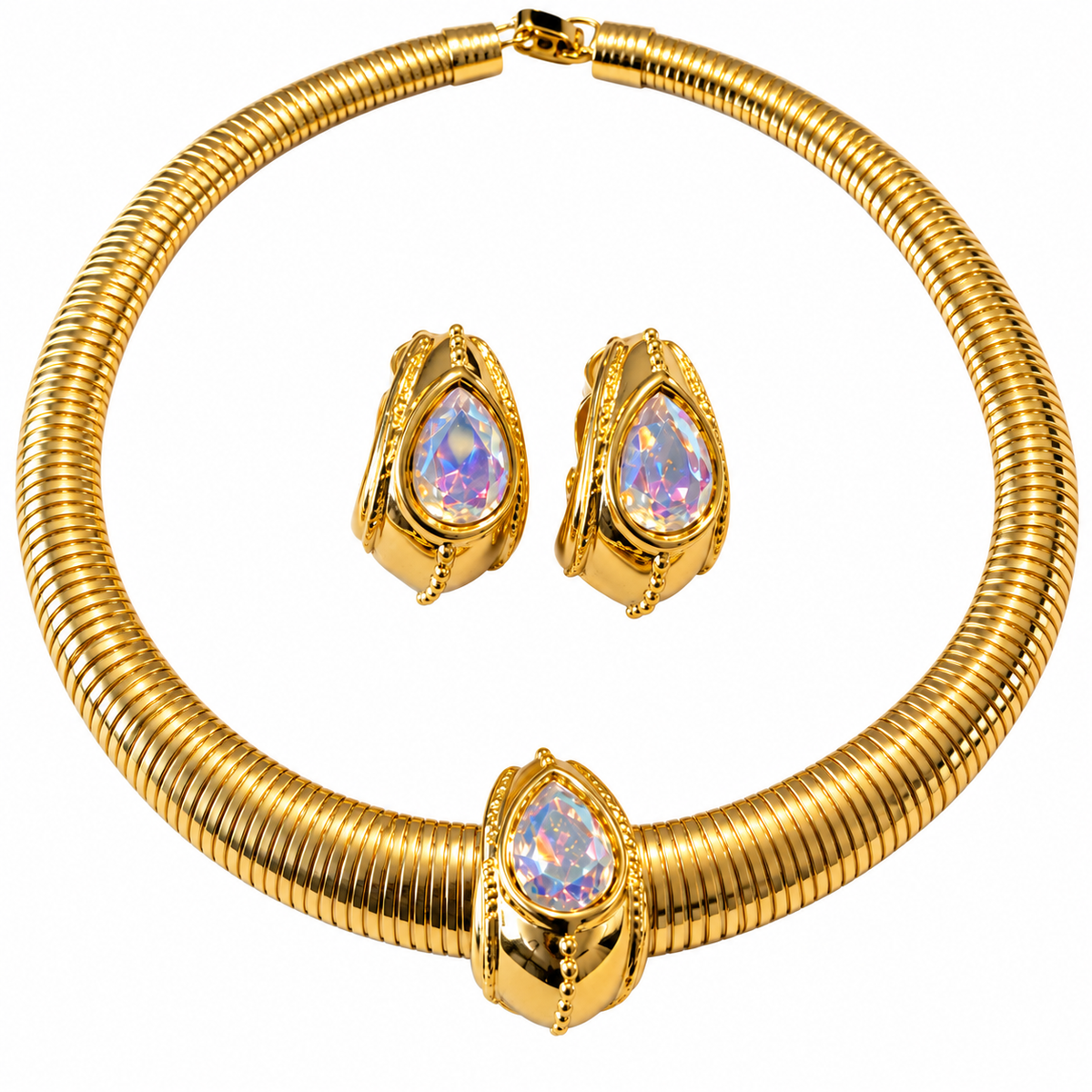 Vintage Ivana Gold-Tone Iridescent Crystal Omega Necklace & Clip-On Earrings Set | Signed | Circa 1990s