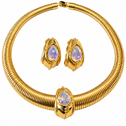 Vintage Ivana Gold-Tone Iridescent Crystal Omega Necklace & Clip-On Earrings Set | Signed | Circa 1990s
