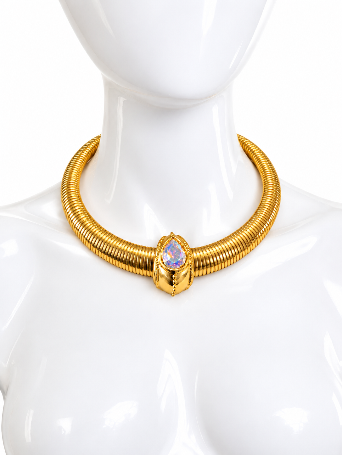 Vintage Ivana Gold-Tone Iridescent Crystal Omega Necklace & Clip-On Earrings Set | Signed | Circa 1990s