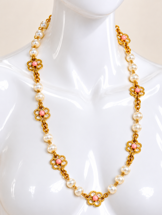 Vintage Balenciaga Gold-Tone Pearl & Pink Cabochon Floral Long Necklace | Circa 1980s–1990s