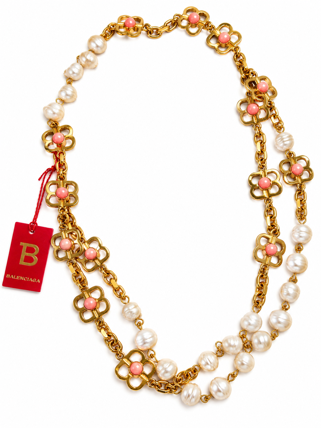 Vintage Balenciaga Gold-Tone Pearl & Pink Cabochon Floral Long Necklace | Circa 1980s–1990s