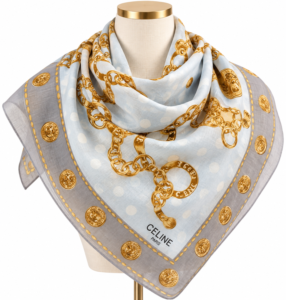Vintage Celine Paris Celestial Chain & Medallion Cotton Scarf – Gray & Gold | Circa 1980s