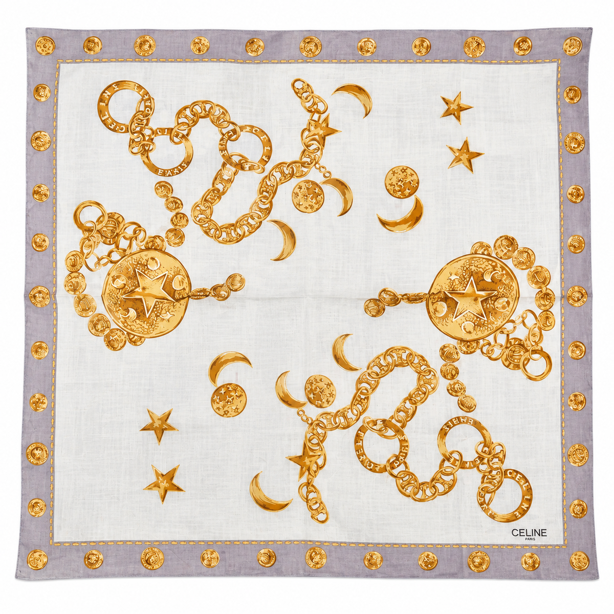 Vintage Celine Paris Celestial Chain & Medallion Cotton Scarf – Gray & Gold | Circa 1980s