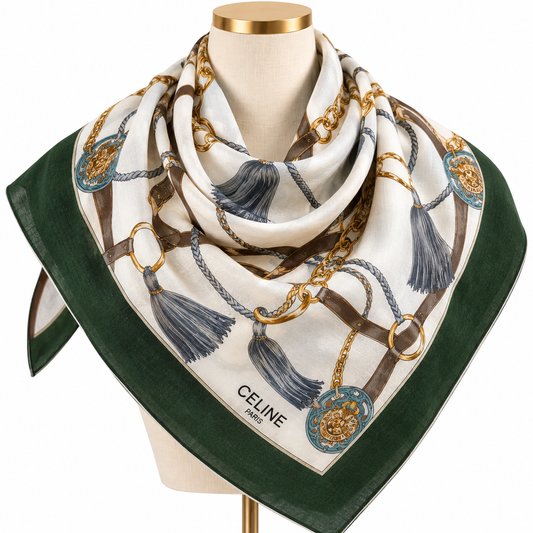 Vintage Celine Paris Equestrian Chain & Tassel Cotton Scarf – Green & Gold | Circa 1980s