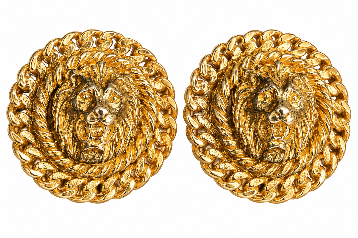 Vintage Anne Klein Gold-Tone Lion Head Statement Clip-On Earrings | Circa 1980s